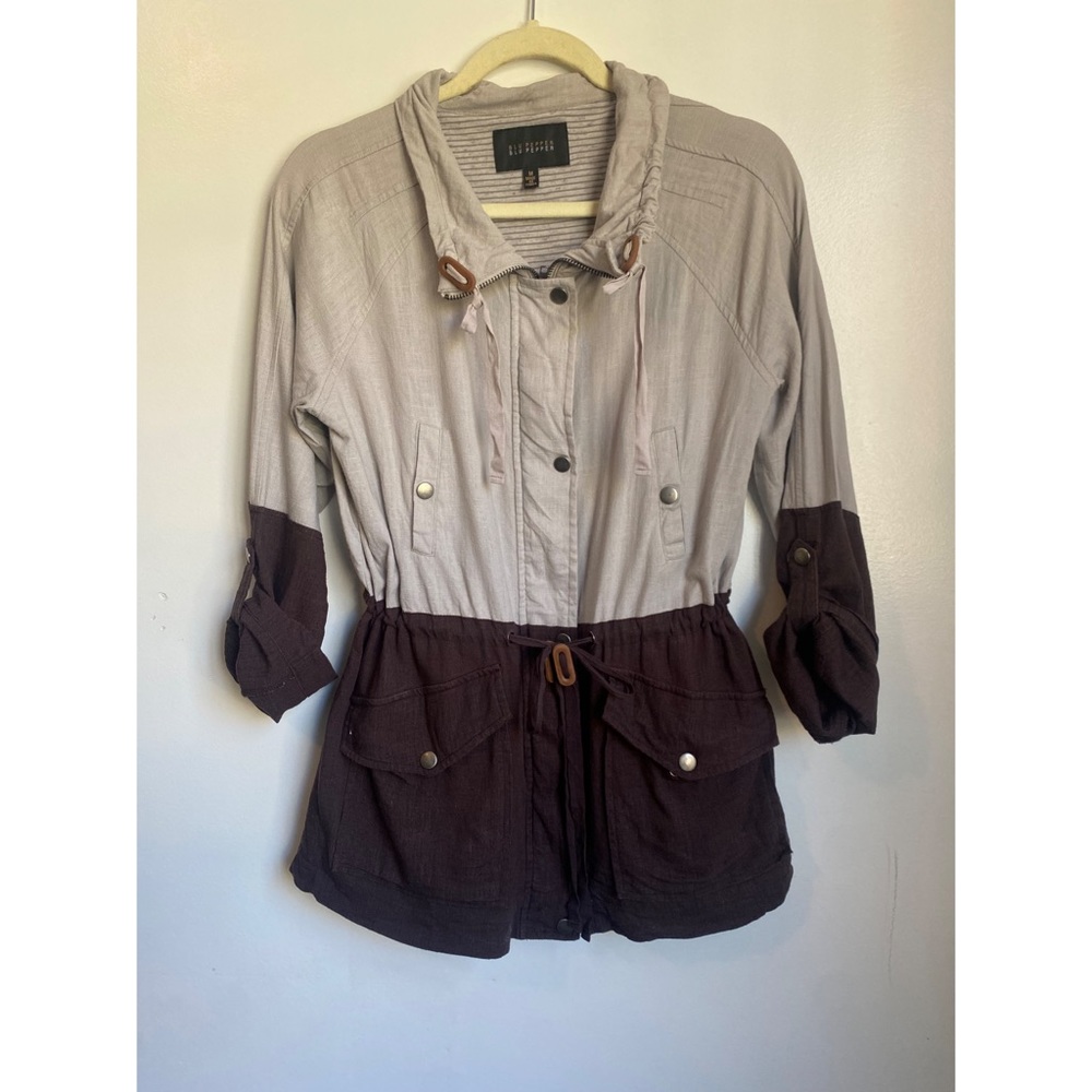 Blu Pepper Women’s Color Block Linen Utility Jacket Tan Brown